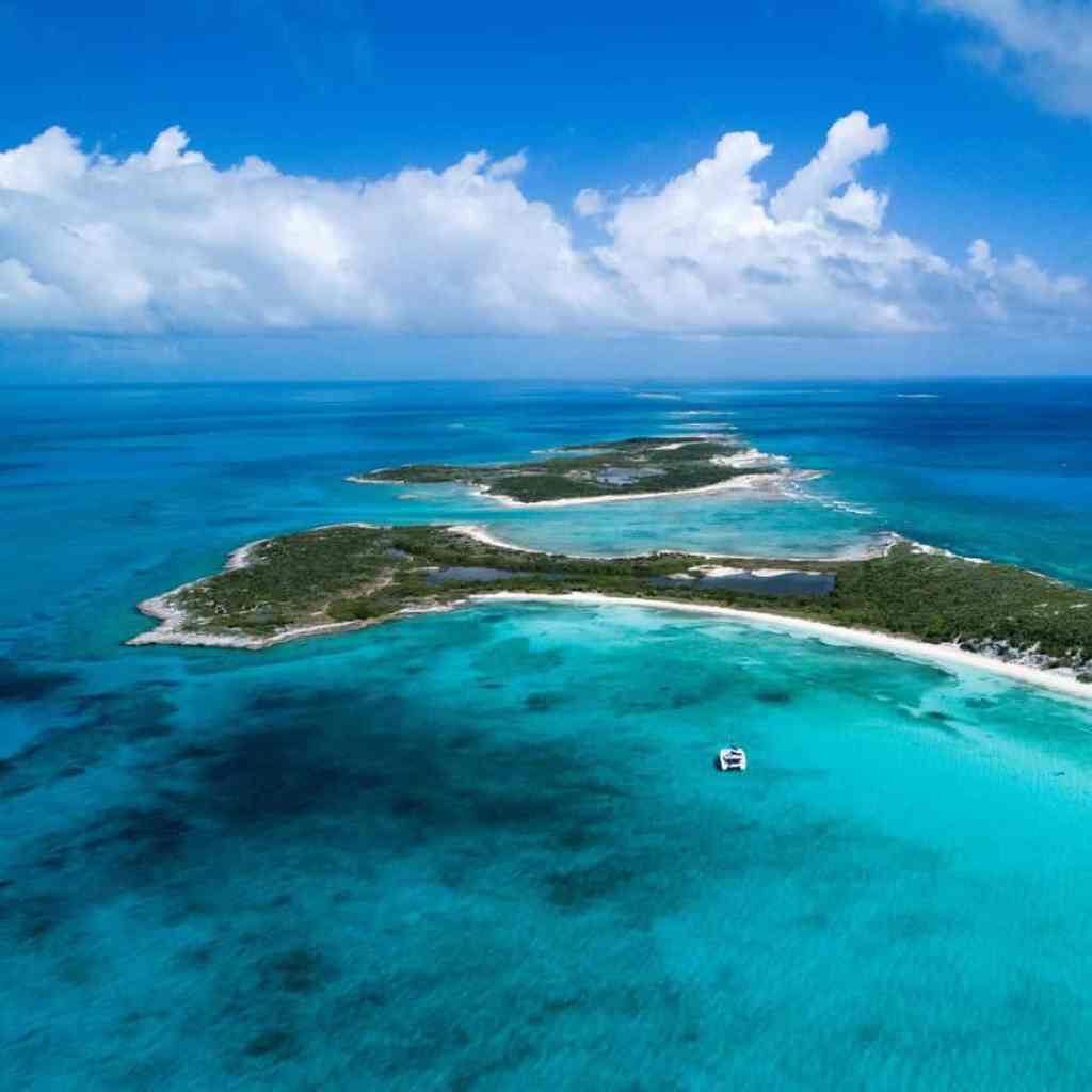Drone view of remote Jumentos and Ragged Islands water